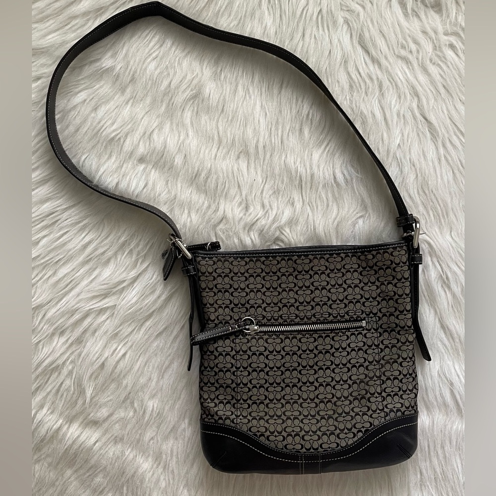Coach Jacquard Logo Black Leather & Fabric Crossbody Bag
